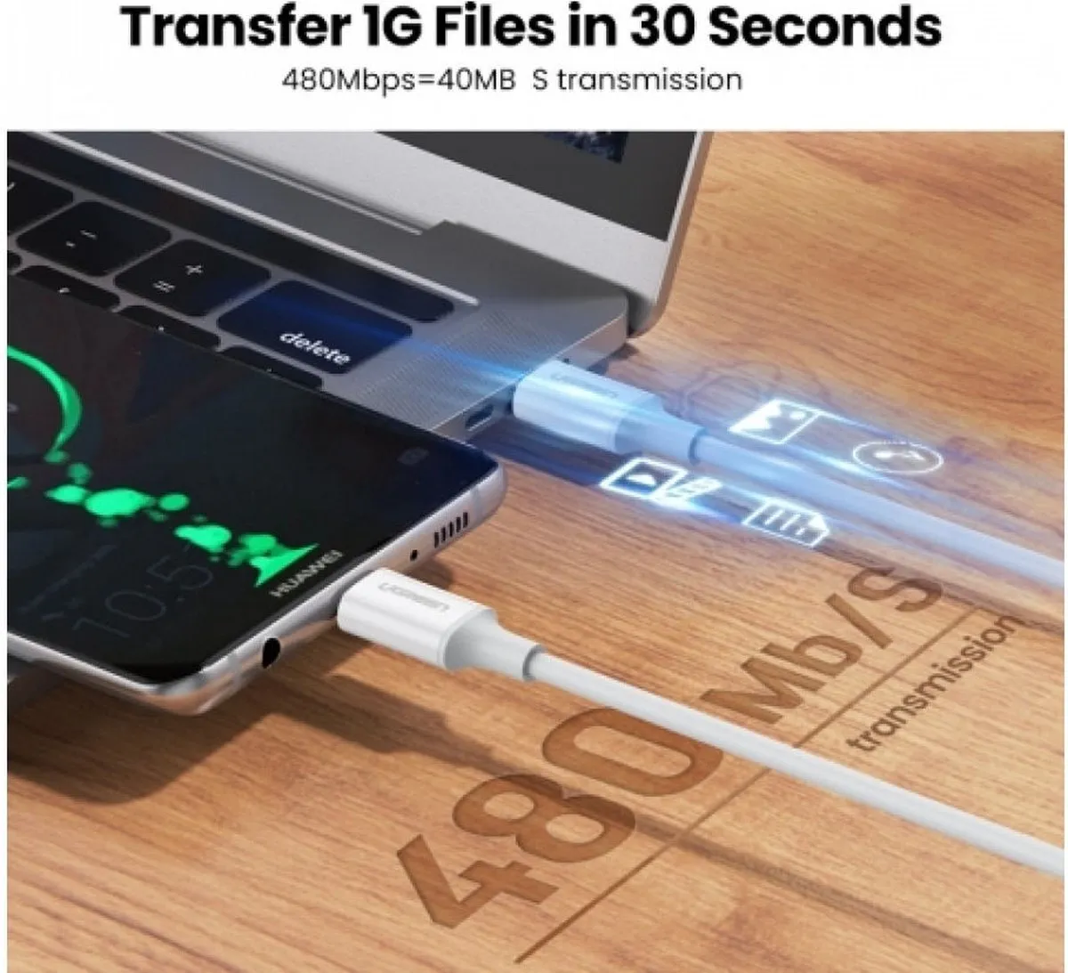 UGREEN USB-C naar USB-C Kabel 3A 0,5m - Wit