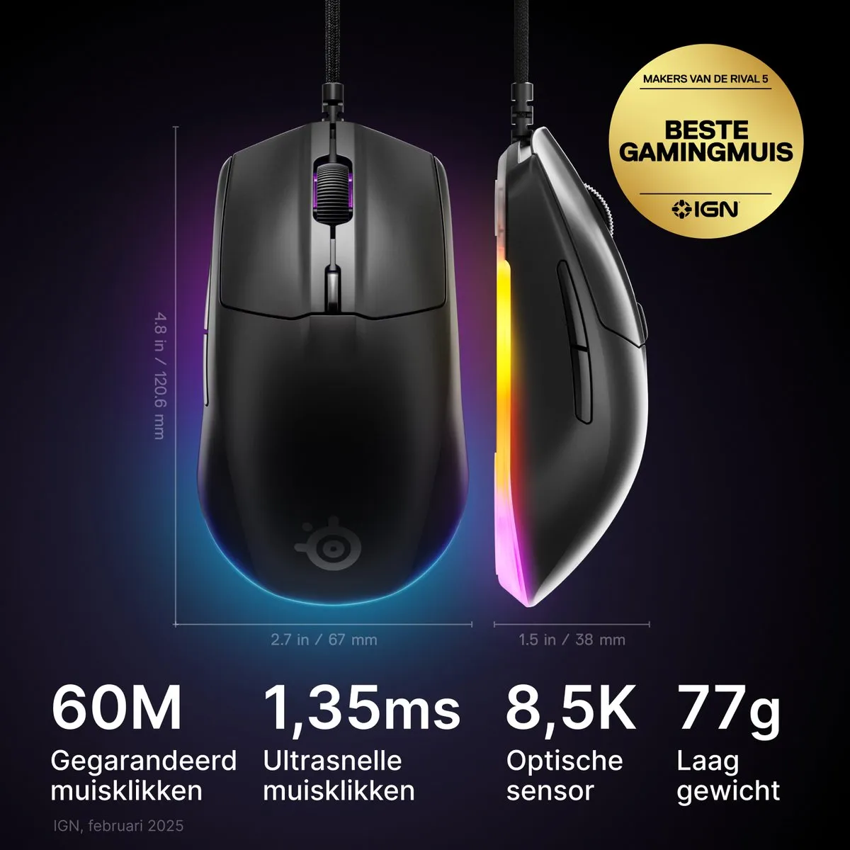 SteelSeries Rival 3 Gen 2 Gamingmuis 62515 - 8500DPI - 77 gram - afbeelding 6 van 6