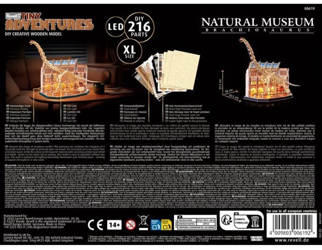Revell Tiny Adventures Natuurmuseum Brachiosaurus 3D Houten Puzzel - 216 Stuks - LED