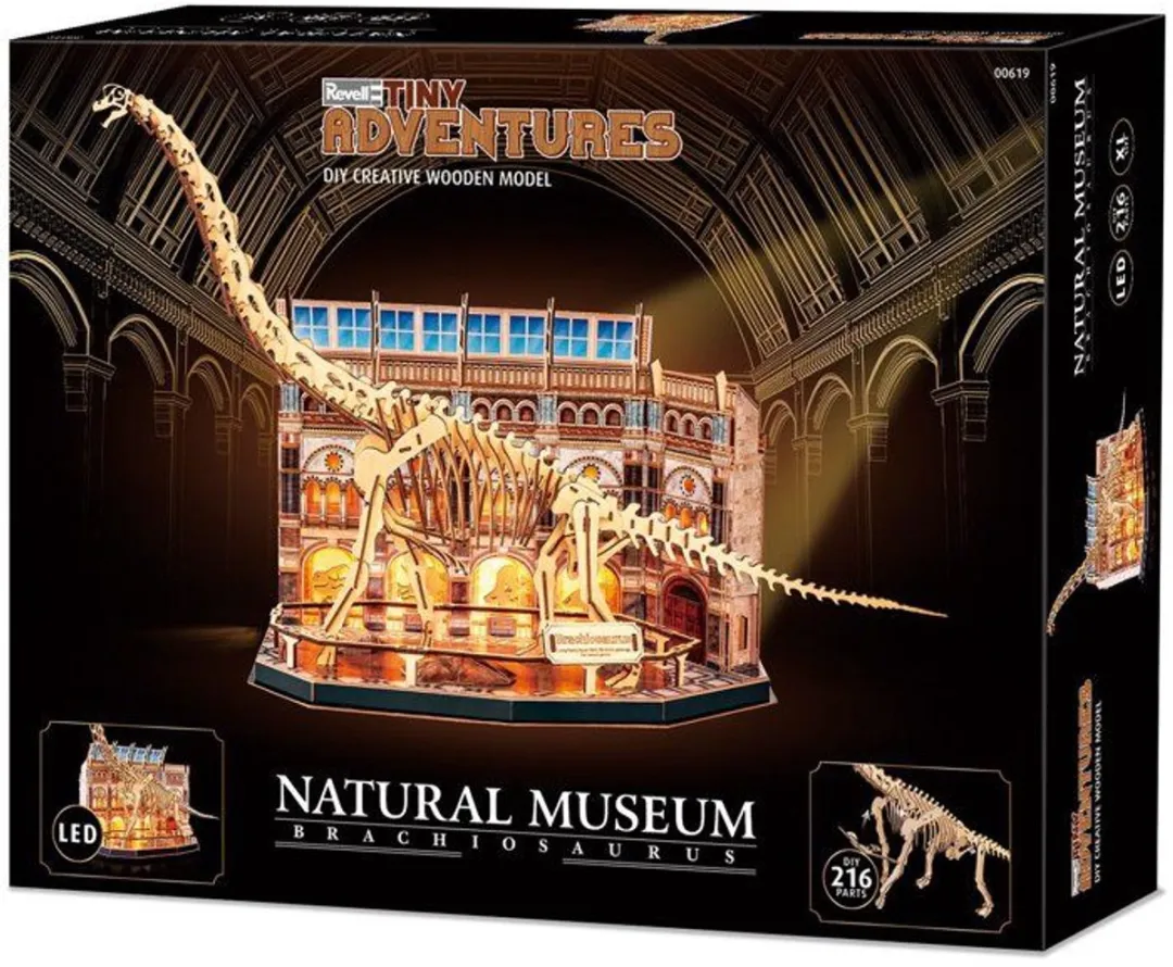 Revell Tiny Adventures Natuurmuseum Brachiosaurus 3D Houten Puzzel - 216 Stuks - LED