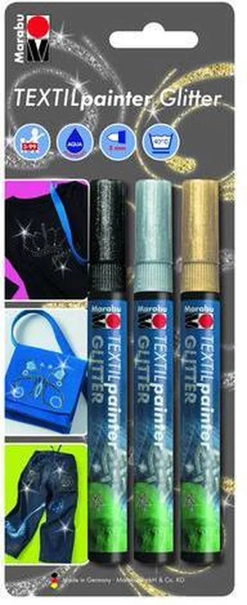 Marabu Glitter Painter Textielstiftenset - 3 Stuks - Goud/Zilver/Zwart