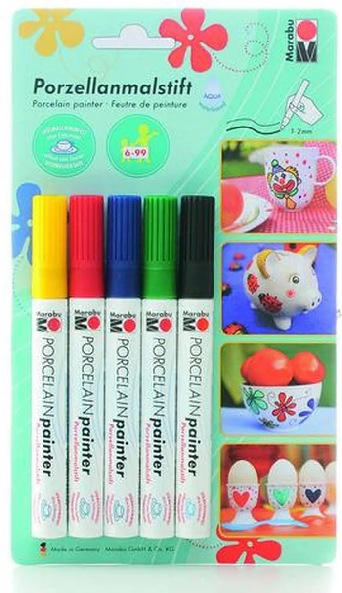 Marabu Basic Glasverf - 5 Kleuren (Zwart/Blauw/Kers/Munt/Geel)