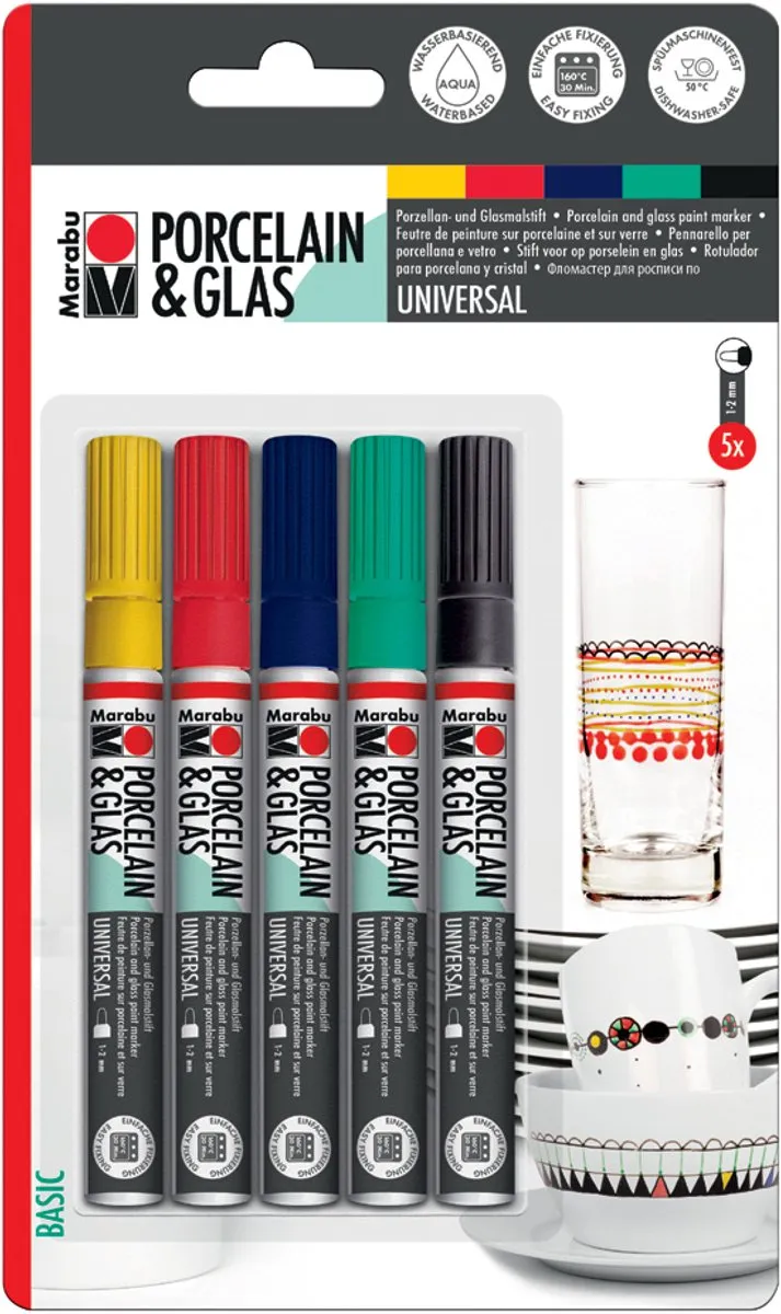 Marabu Basic Glasverf - 5 Kleuren (Zwart/Blauw/Kers/Munt/Geel)