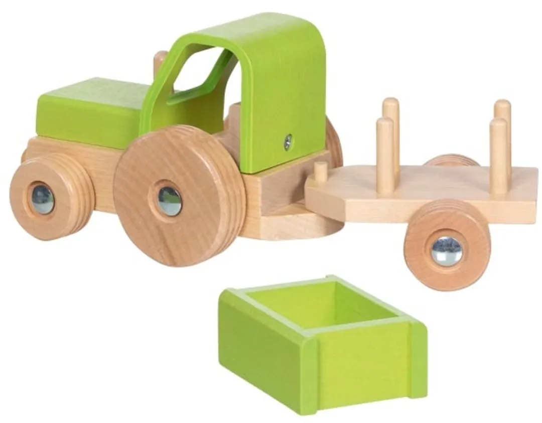 Goki Houten Tractor met Aanhangwagen GK55838 - Meerkleurig