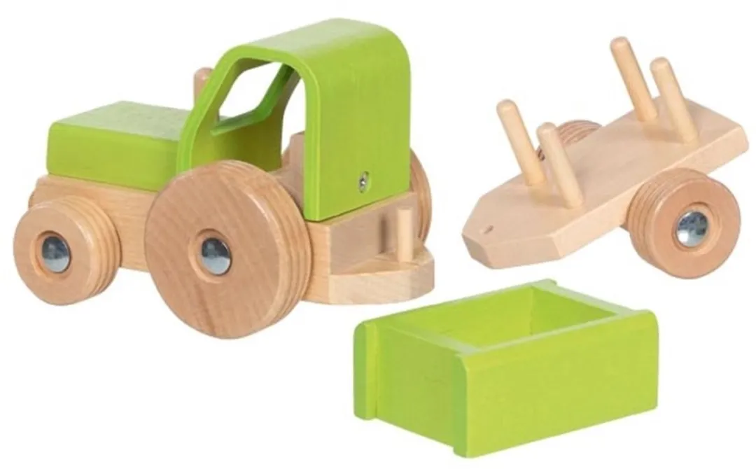 Goki Houten Tractor met Aanhangwagen GK55838 - Meerkleurig