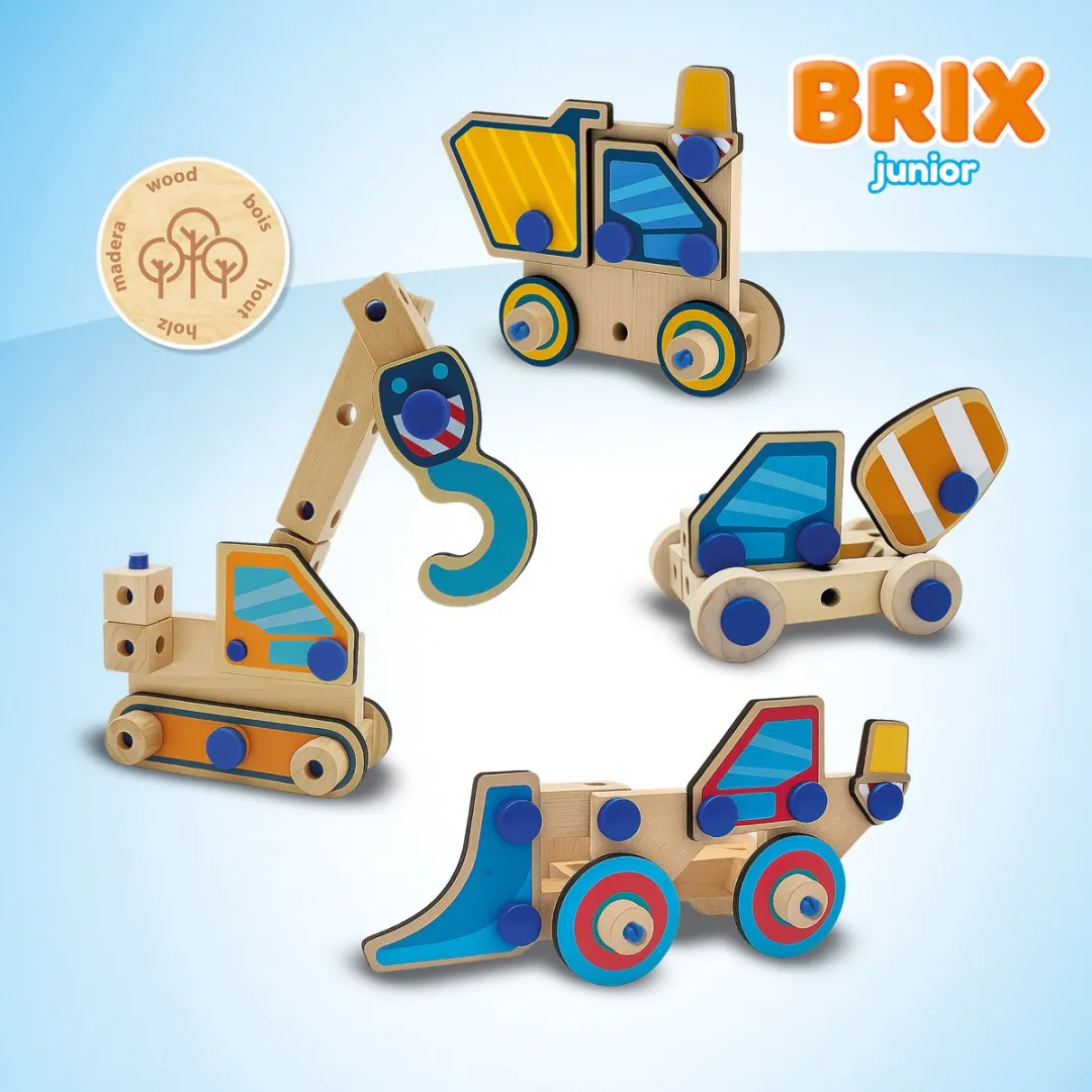 SES Creative BRIX Junior Bouwvoertuigen Hout Knutselset - 46 Stuks - Meerkleurig