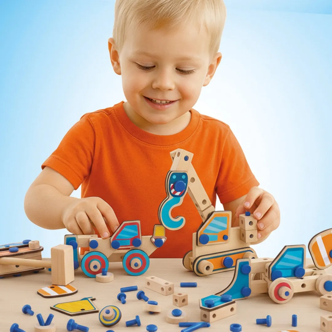 SES Creative BRIX Junior Bouwvoertuigen Hout Knutselset - 46 Stuks - Meerkleurig
