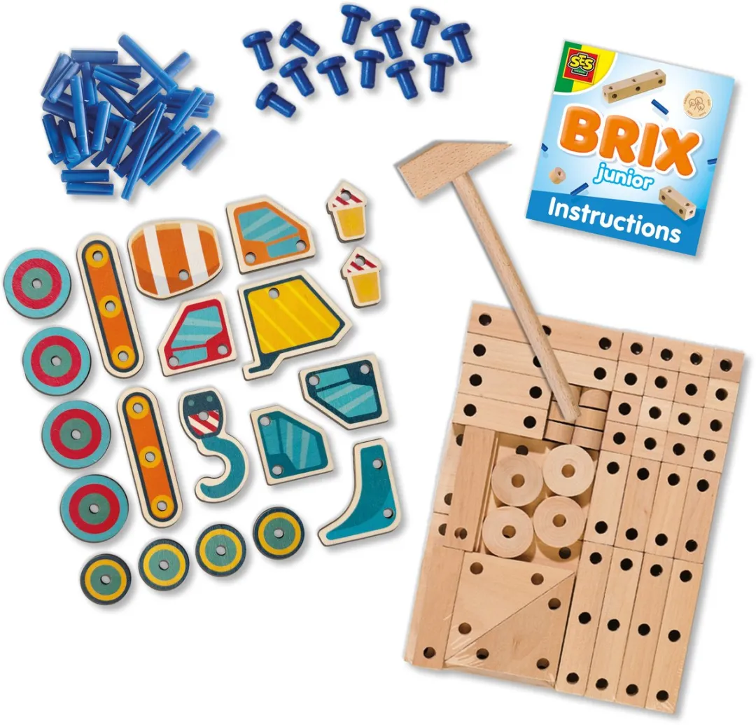 SES Creative BRIX Junior Bouwvoertuigen Hout Knutselset - 46 Stuks - Meerkleurig