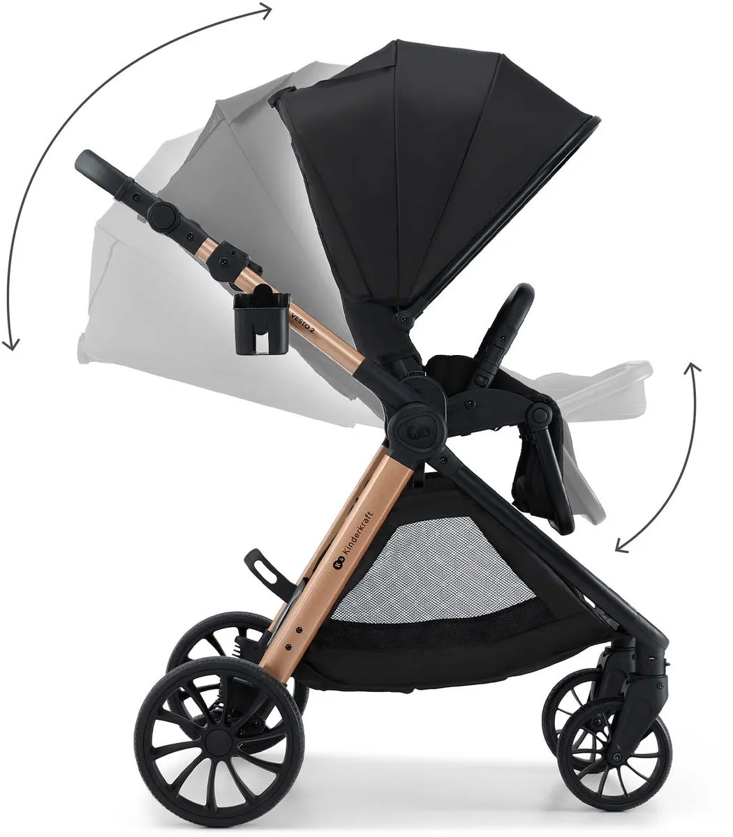KinderKraft VESTO 2 Kinderwagen - Omkeerbare Zitting 5-punts - Reiswieg 3-zone - Zwart