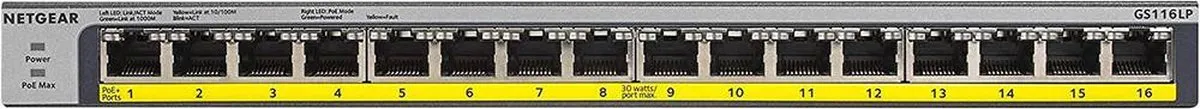 Netgear GS116LP Unmanaged PoE Switch 16 Poorten - 76W