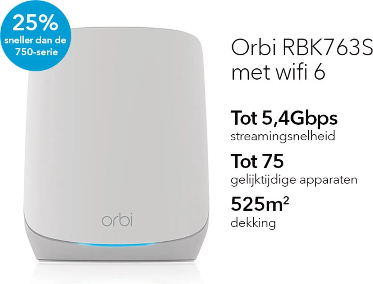 NETGEAR Orbi RBK763S - Mesh WiFi - WiFi Versterker - WiFi 6 - 5400 Mbps - Tri-Band - 3-Pack