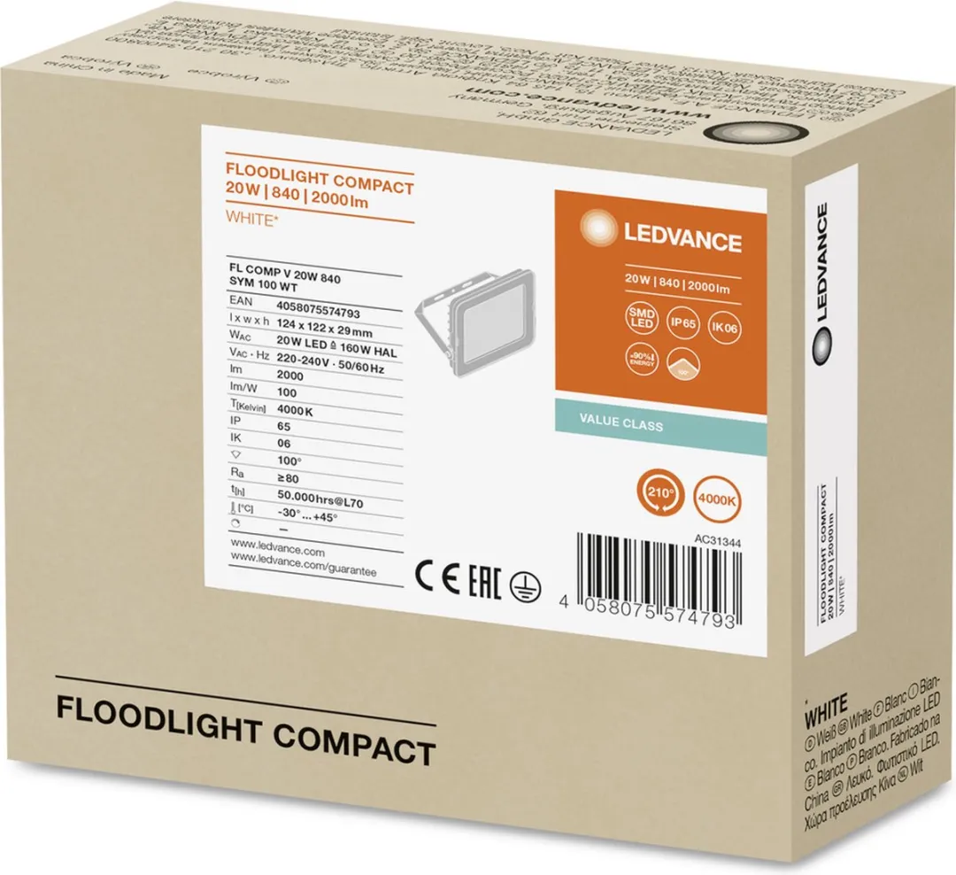 LEDVANCE LED Floodlight Compact 20W 2000lm - 100° - IP65