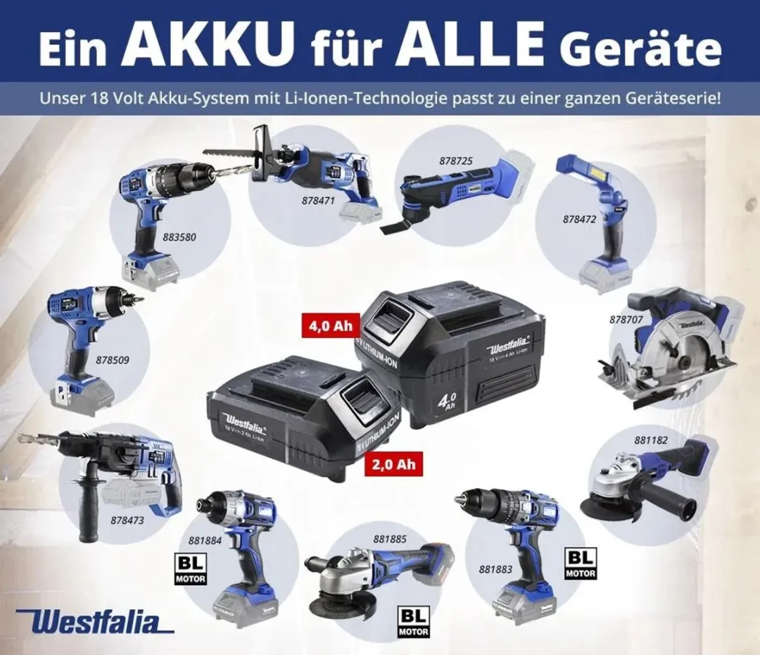 Westfalia 18V Li-ion Accu 2.0Ah A2AH18 + Snellader ALG240