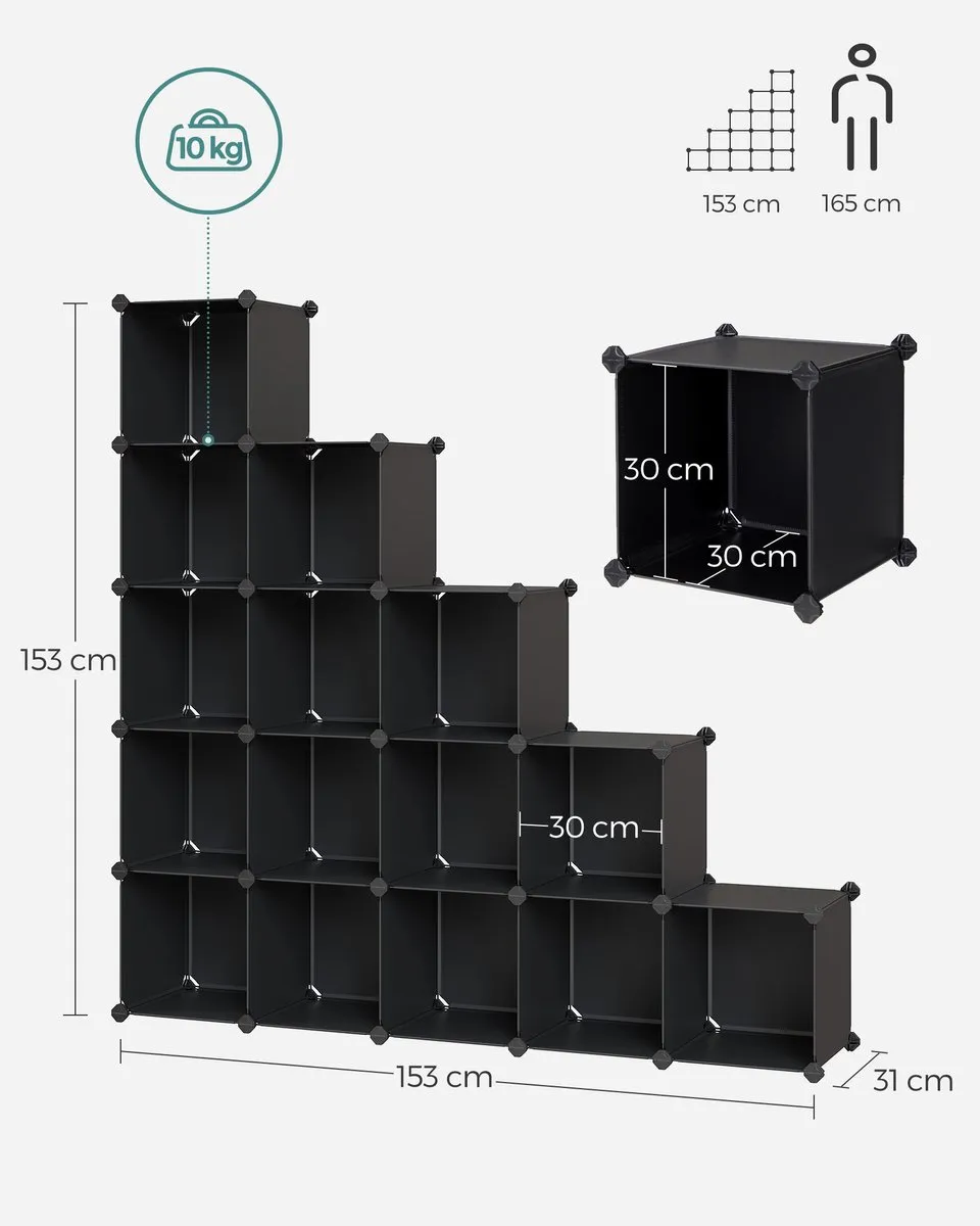 Songmics LPC44BK Modulair Schoenenrek - 16 Stapelbare Kubussen - Zwart