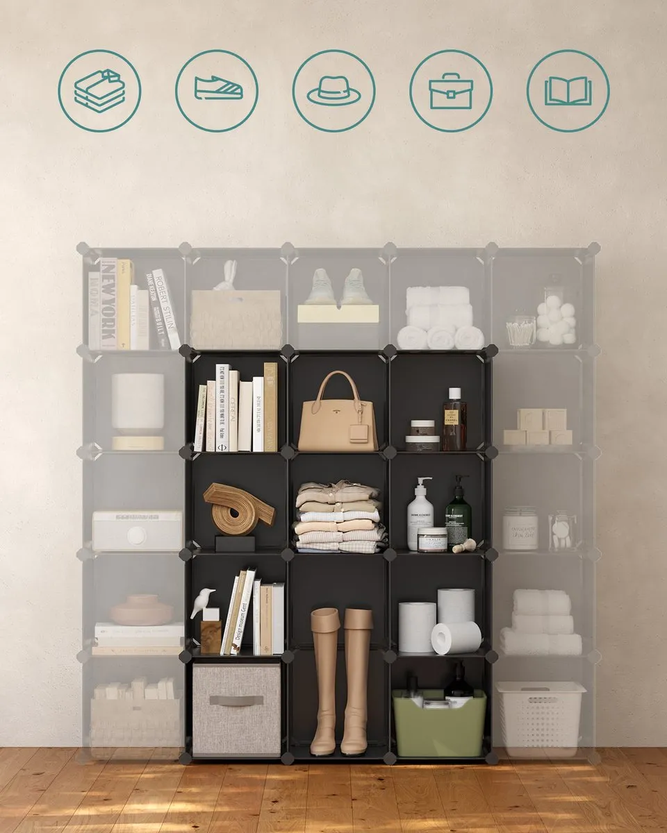 Songmics LPC44BK Modulair Schoenenrek - 16 Stapelbare Kubussen - Zwart