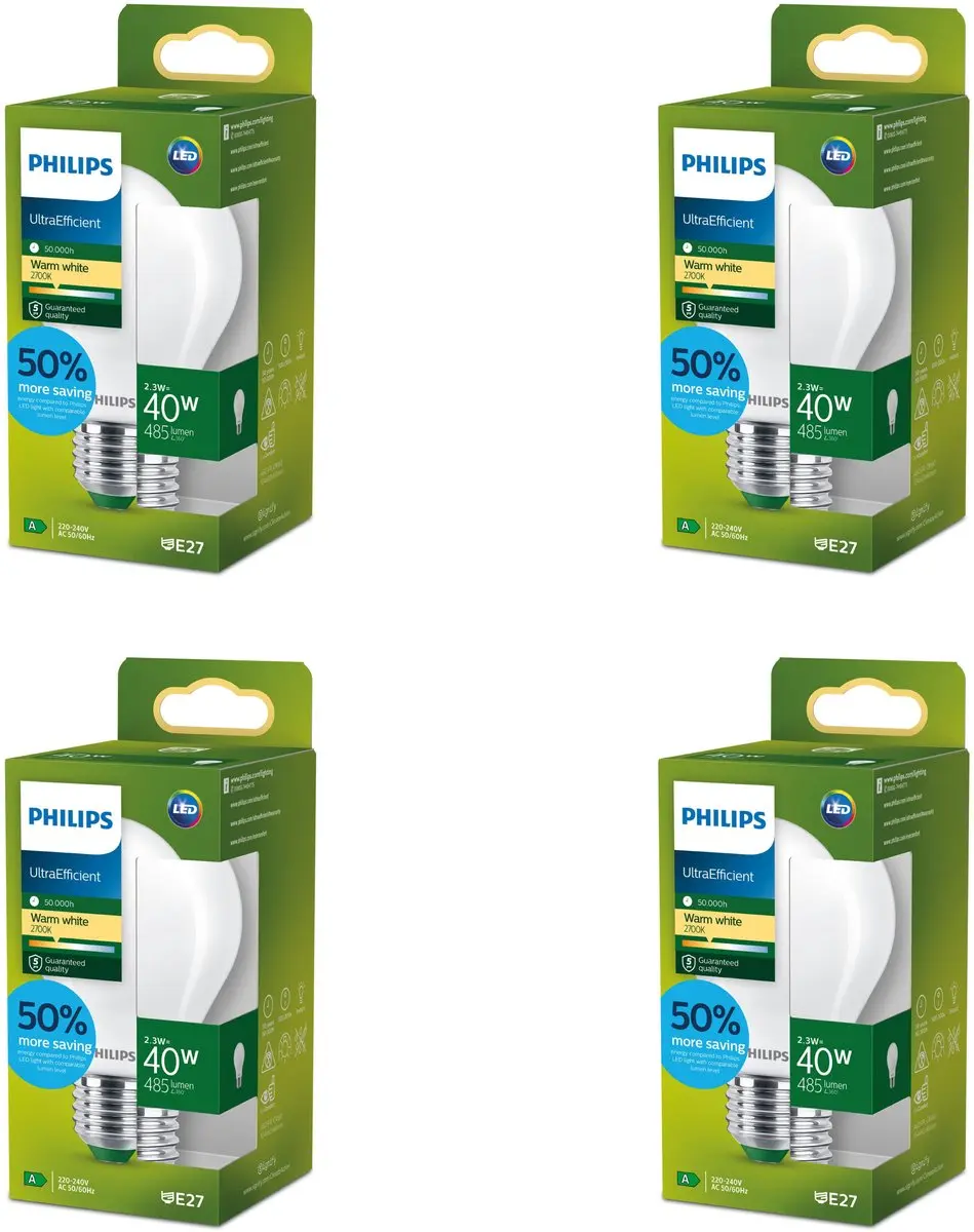 Philips LED E27 Ultra Efficient Mat 2.3W Warmwit - 4 Stuks