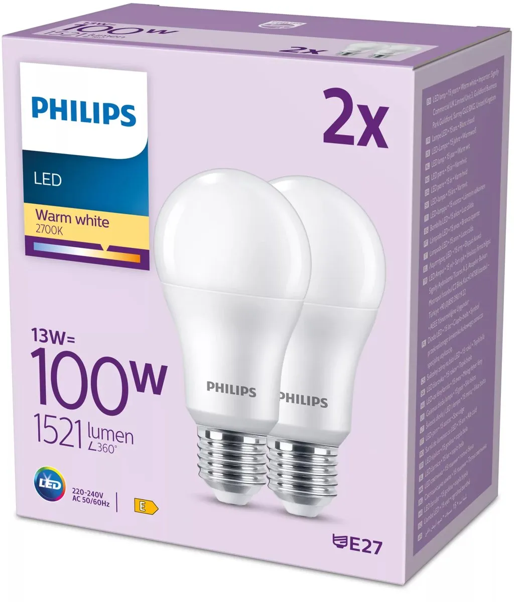 Philips LED Lamp Mat 13W E27 Warmwit - 2 Stuks