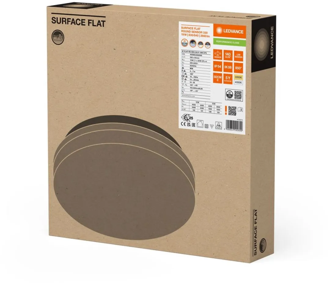 LEDVANCE Bulkhead Rond Sensor 19W - 2660lm - 33cm - IP54 - Wit/Grijs/Zwart
