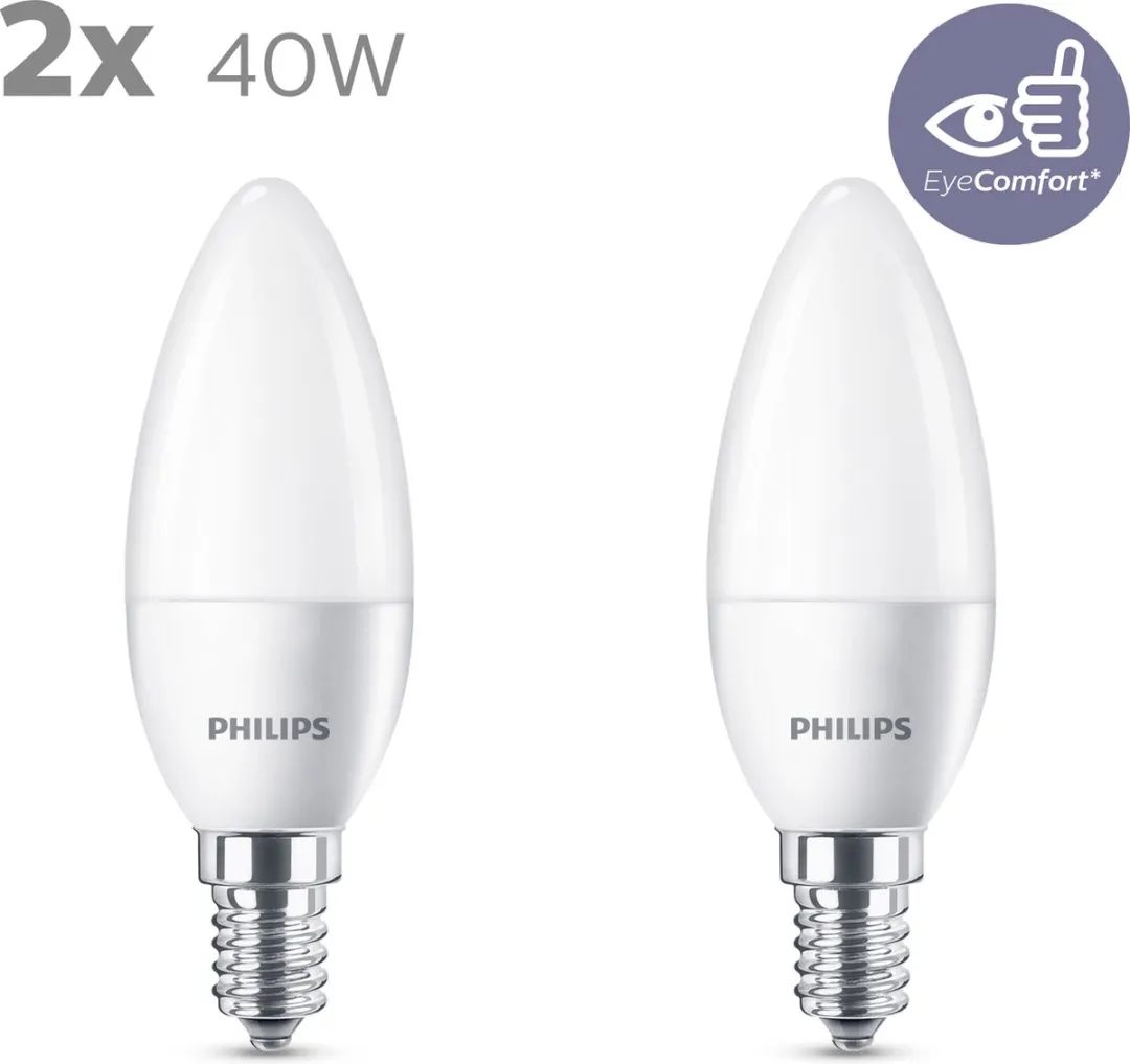 Philips LED Kaarslamp Mat 4.9W E14 Warmwit - 2 Stuks