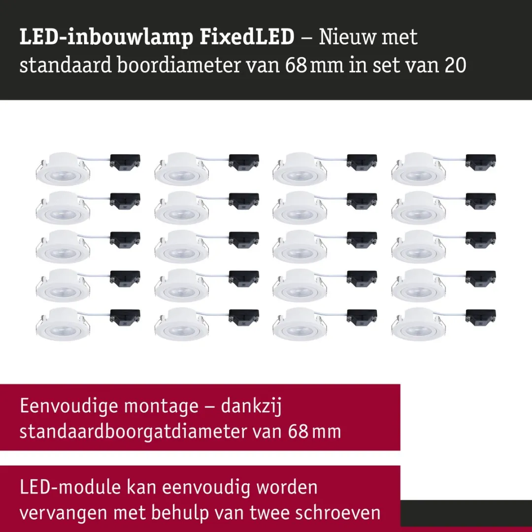 Paulmann FixedLED Inbouwlamp Set 20x 4,8W 460lm 3000K - Wit - afbeelding 6 van 6