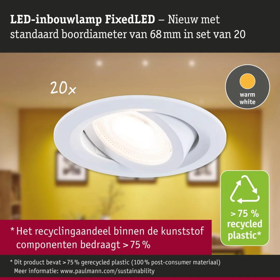 Paulmann FixedLED Inbouwlamp Set 20x 4,8W 460lm 3000K - Wit - afbeelding 4 van 6
