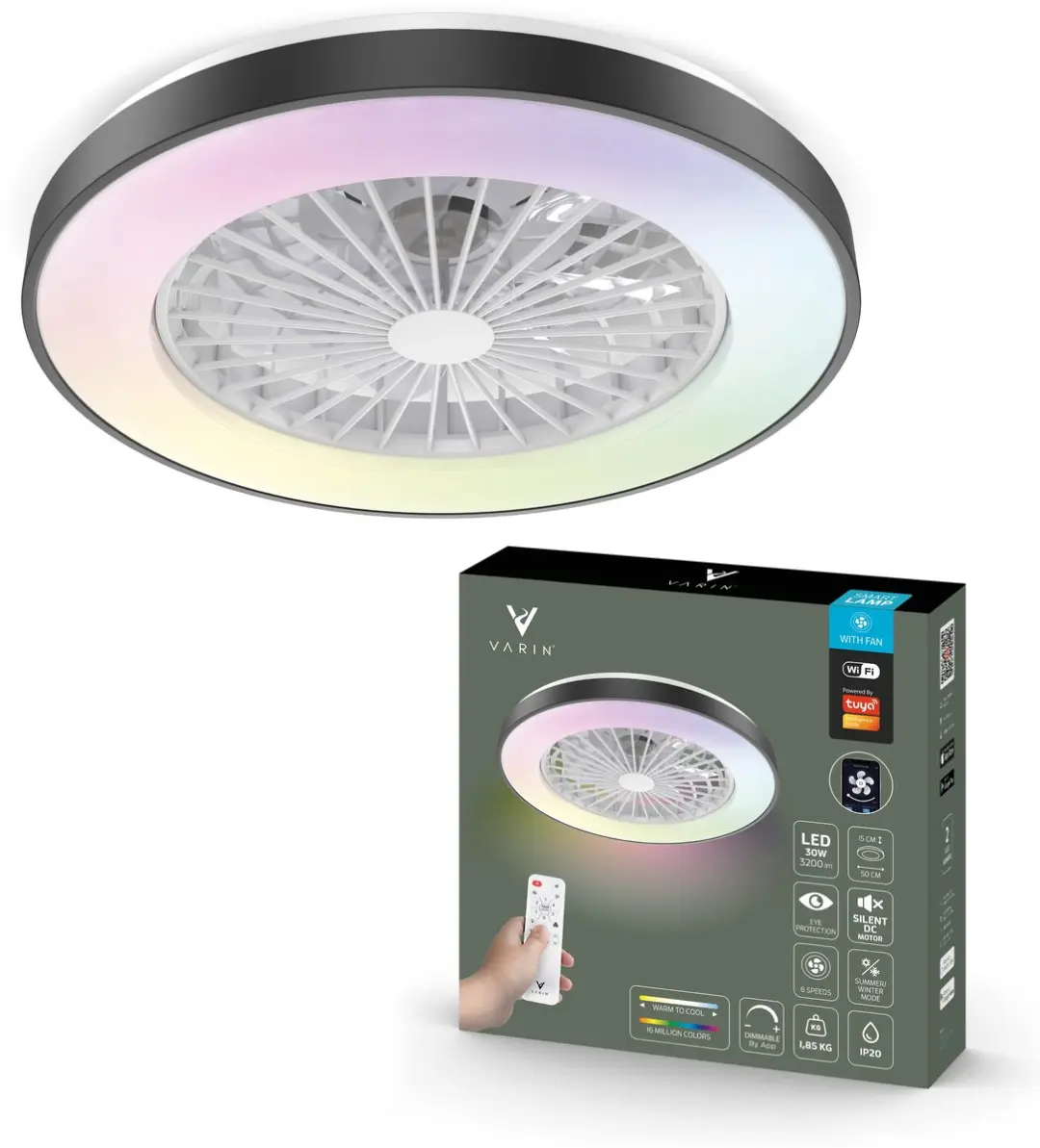 Varin Plafondventilator met LED 30W RGBW Ø50cm - Zwart