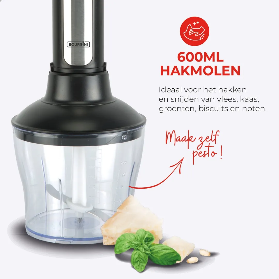 Bourgini Staafmixer Set 1500W RVS - 4-delig met 2 Meal Prep Bakjes - afbeelding 6 van 6
