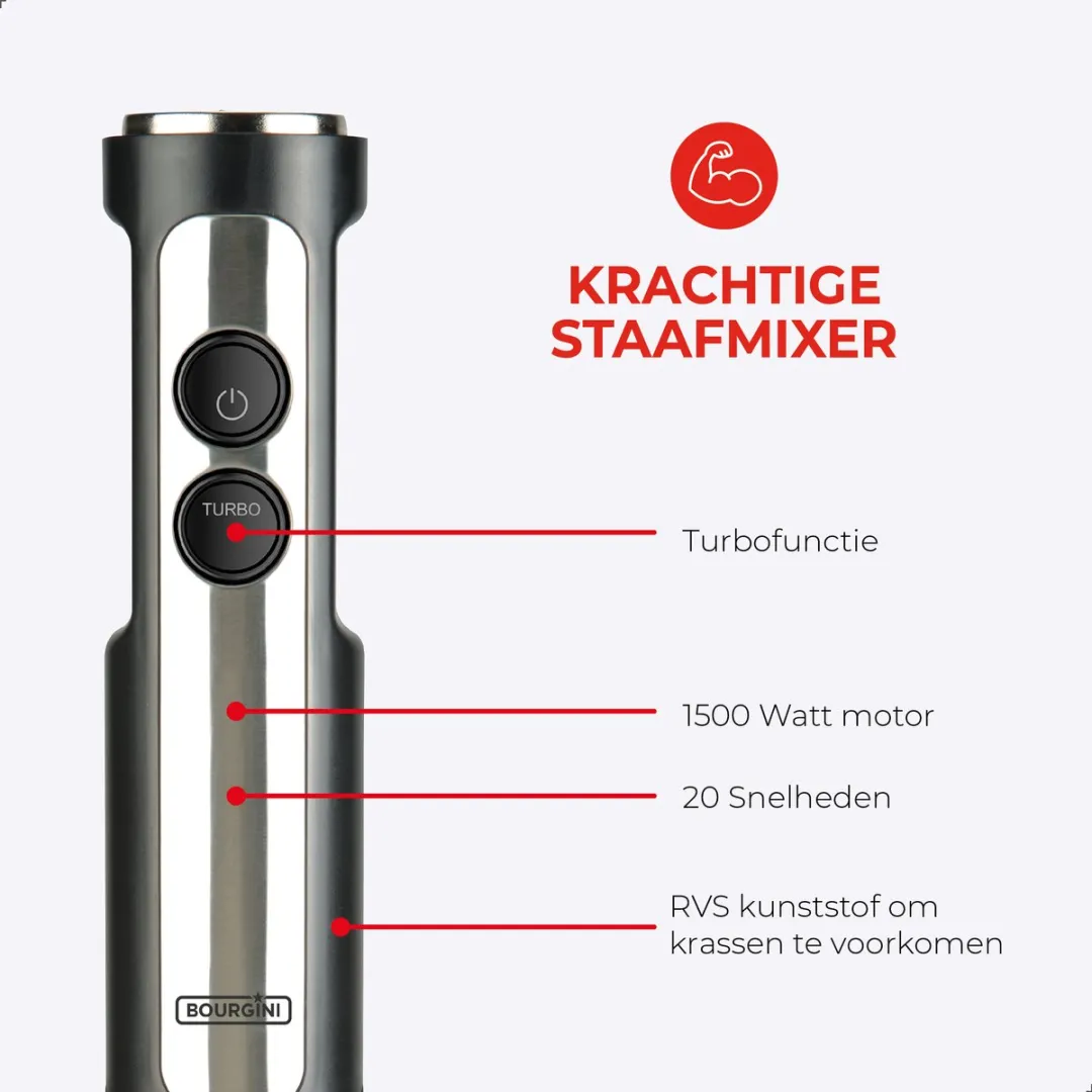 Bourgini Staafmixer Set 1500W RVS - 4-delig met 2 Meal Prep Bakjes