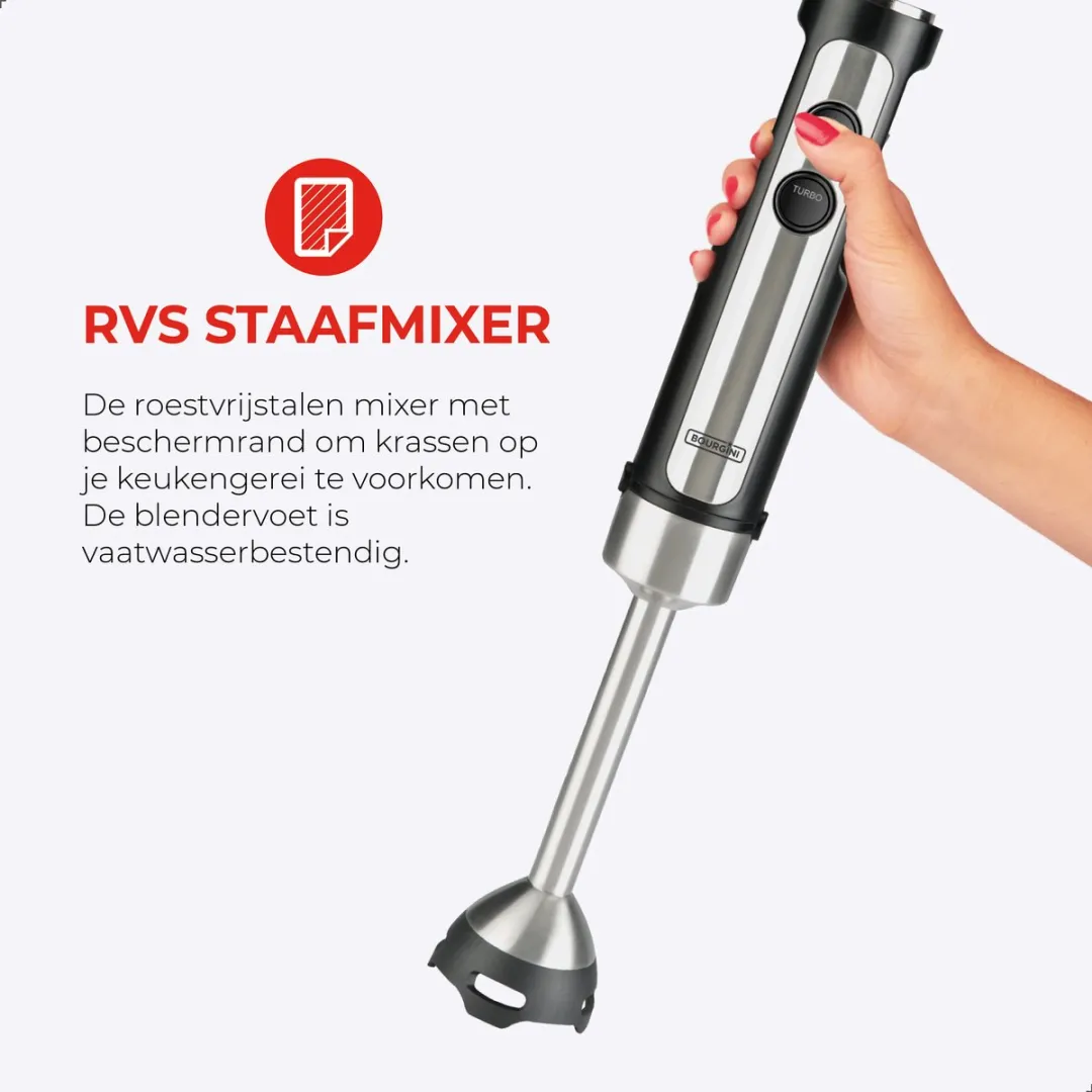 Bourgini Staafmixer Set 1500W RVS - 4-delig met 2 Meal Prep Bakjes