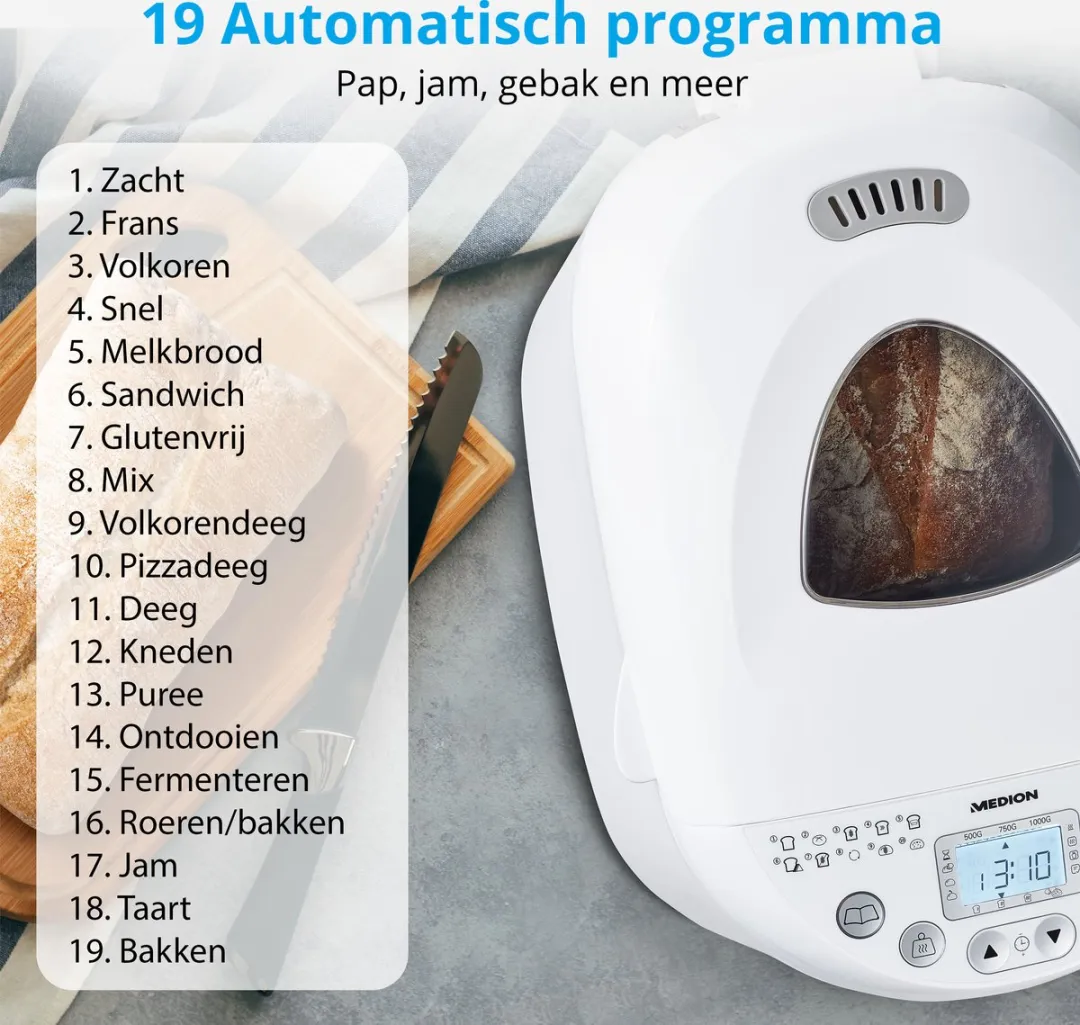 Medion MD11011 Broodbakmachine - 19 Programma's - 1000g - Wit