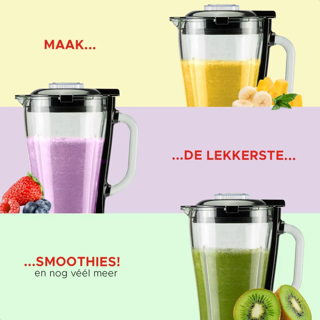 Bourgini Power Blender 1.75L - 1000W - 2 Meal Prep Bakjes - Zwart - afbeelding 6 van 6