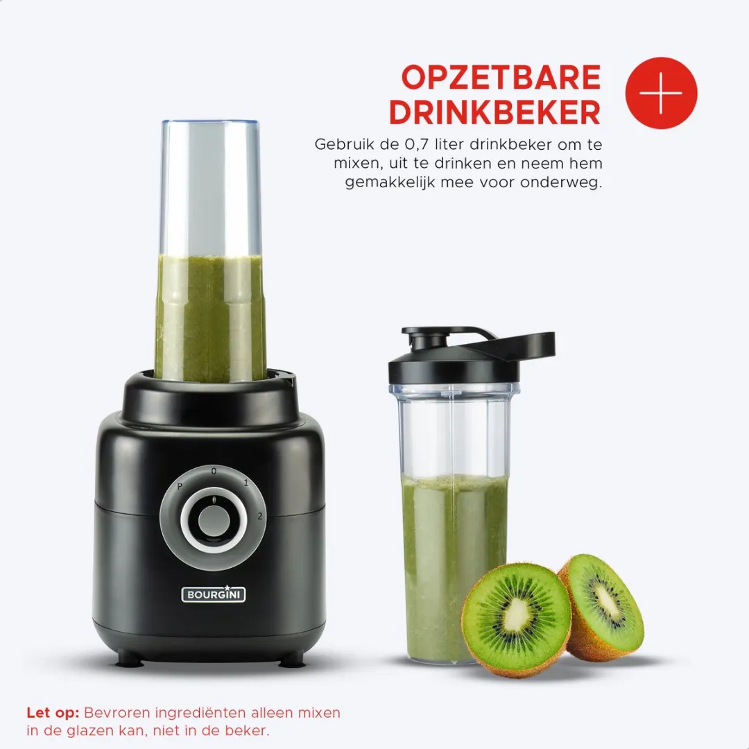 Bourgini Power Blender 1.75L - 1000W - 2 Meal Prep Bakjes - Zwart