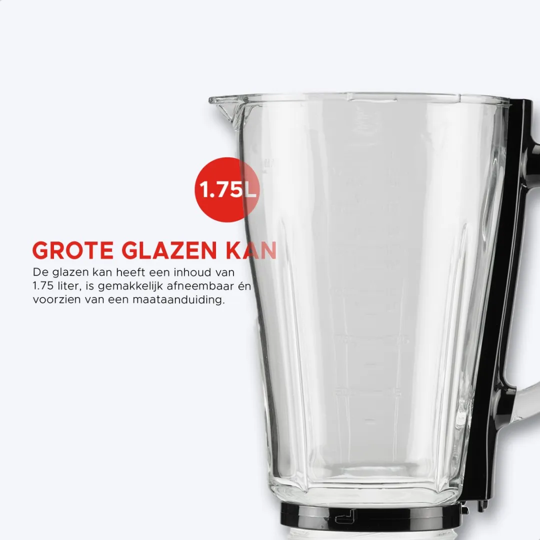 Bourgini Power Blender 1.75L - 1000W - 2 Meal Prep Bakjes - Zwart