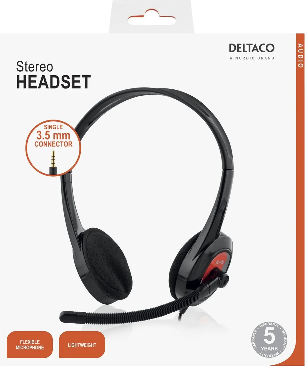 Deltaco HL-108 On-Ear Headset - Zwart/Rood - afbeelding 5 van 6