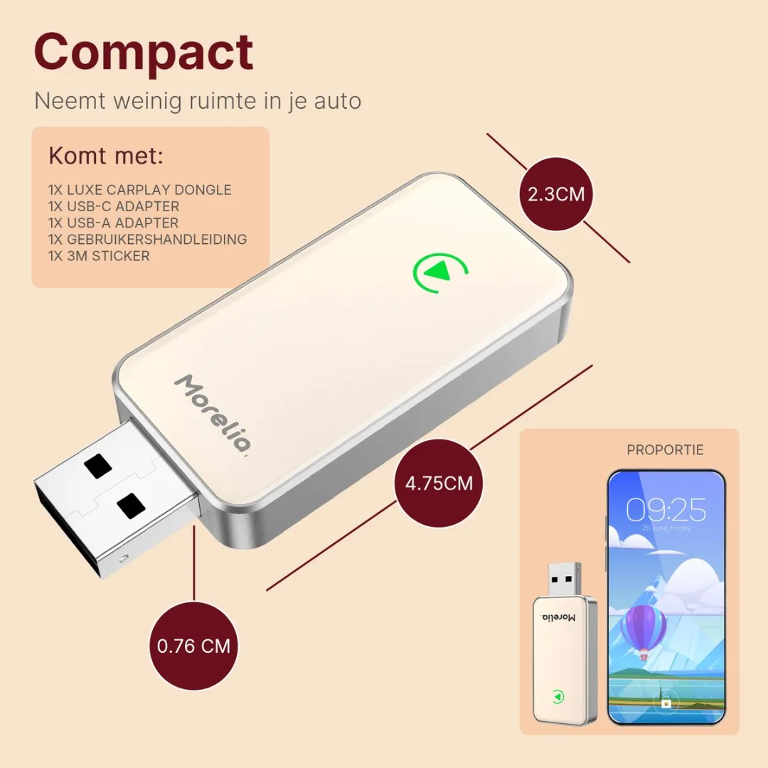 Morelia Draadloze CarPlay Dongle - Apple Beige