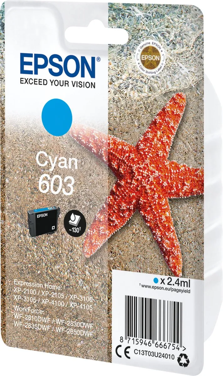 Epson 603 Cyan C13T03U24020 Inktcartridge - 2.4ml