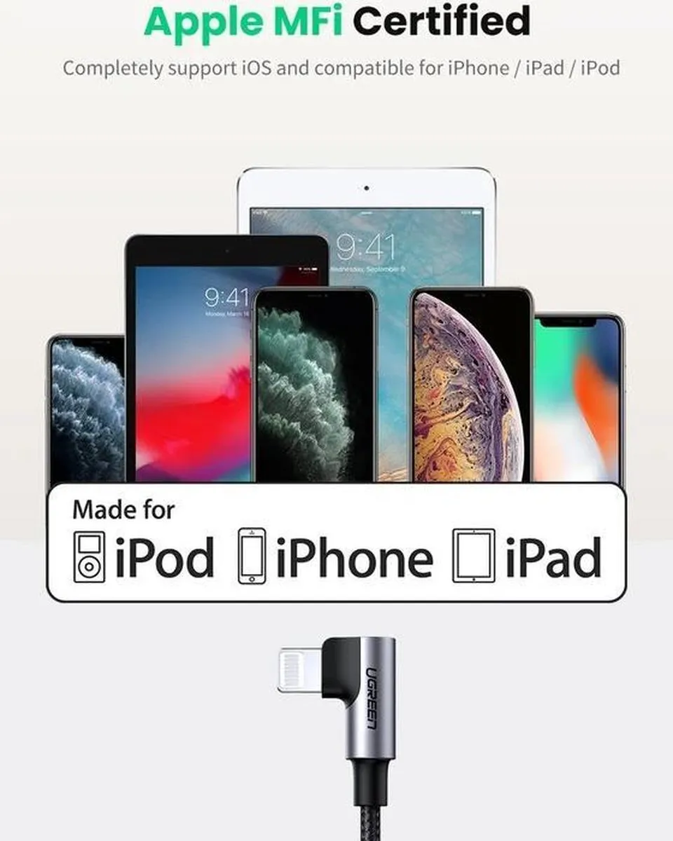 UGREEN 3A 90° USB-C naar Lightning Kabel PD - 2M - Haakse hoek