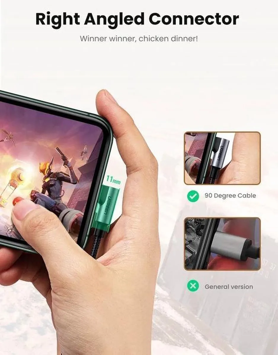 UGREEN 3A 90° USB-C naar Lightning Kabel PD - 2M - Haakse hoek