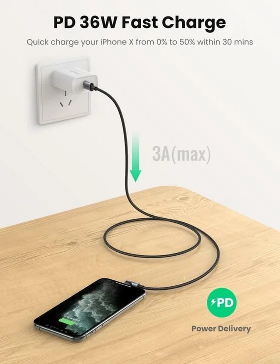 UGREEN 3A 90° USB-C naar Lightning Kabel PD - 2M - Haakse hoek