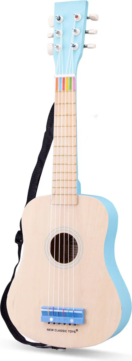 New Classic Toys Houten Speelgitaar Blauw/Naturel - inclusief draagriem & muziekboekje