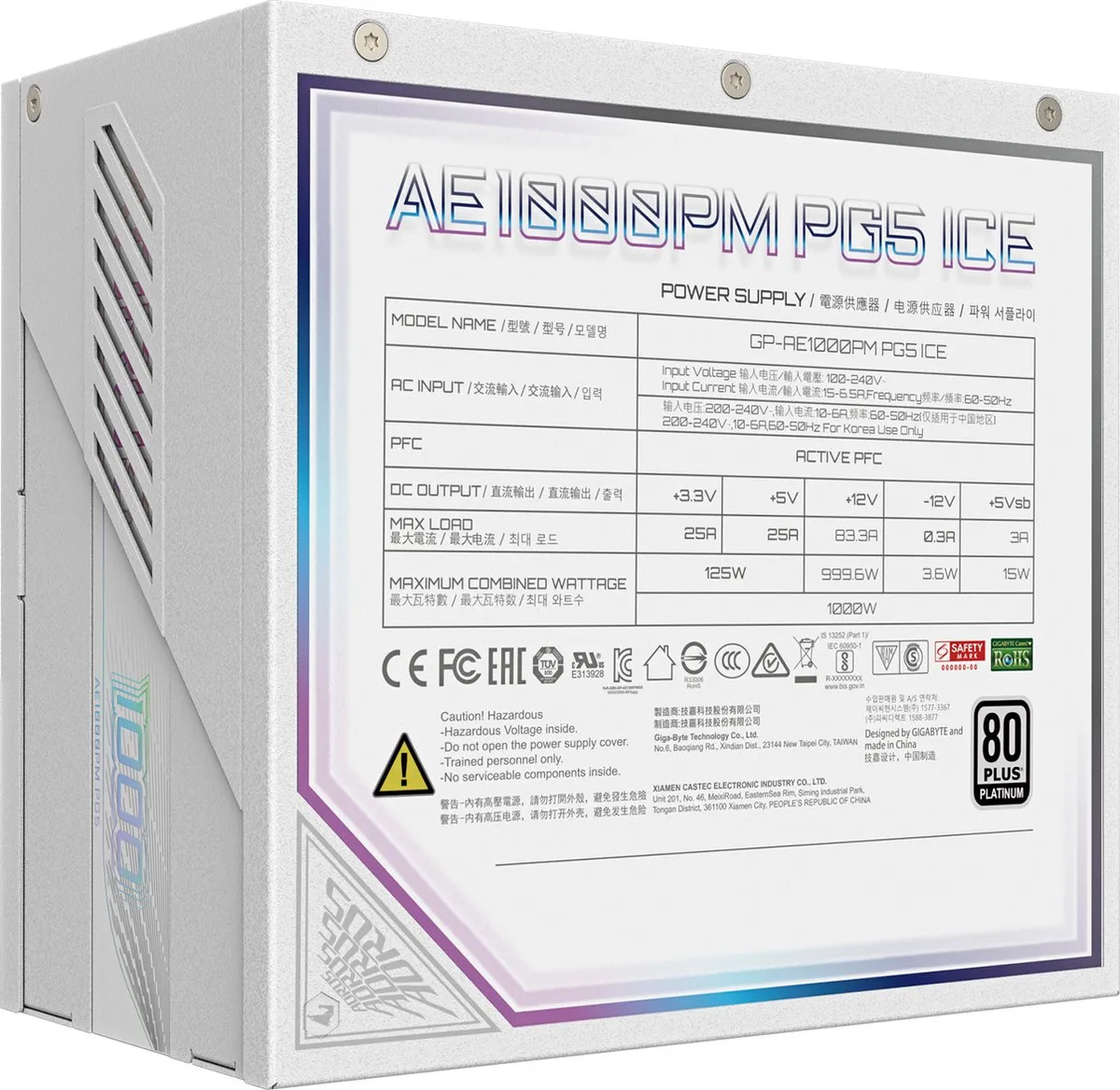 Gigabyte AORUS Elite P1000W ICE Voeding - 1000W - Wit