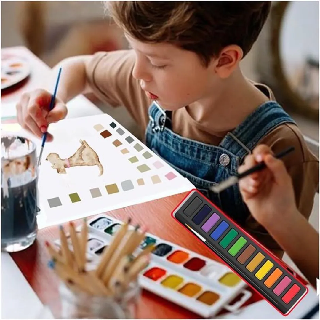 ECTEATOY Beginners Aquarelset - 12 Verven + Penselen - Aquarelkleurboek 16 Pagina's - Wit