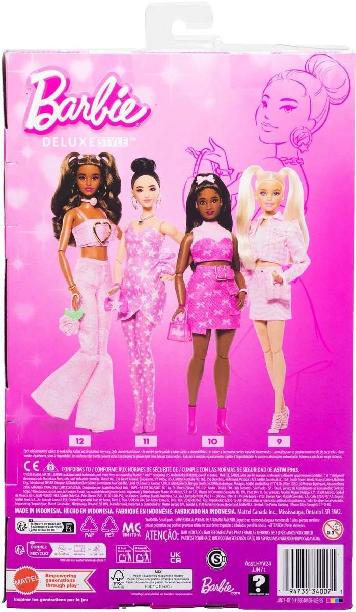 Barbie JJN72 Modepop - Roze Denim Jurk met Sterrenprint