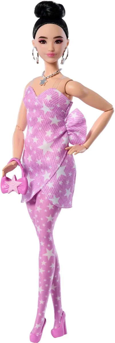 Barbie JJN72 Modepop - Roze Denim Jurk met Sterrenprint