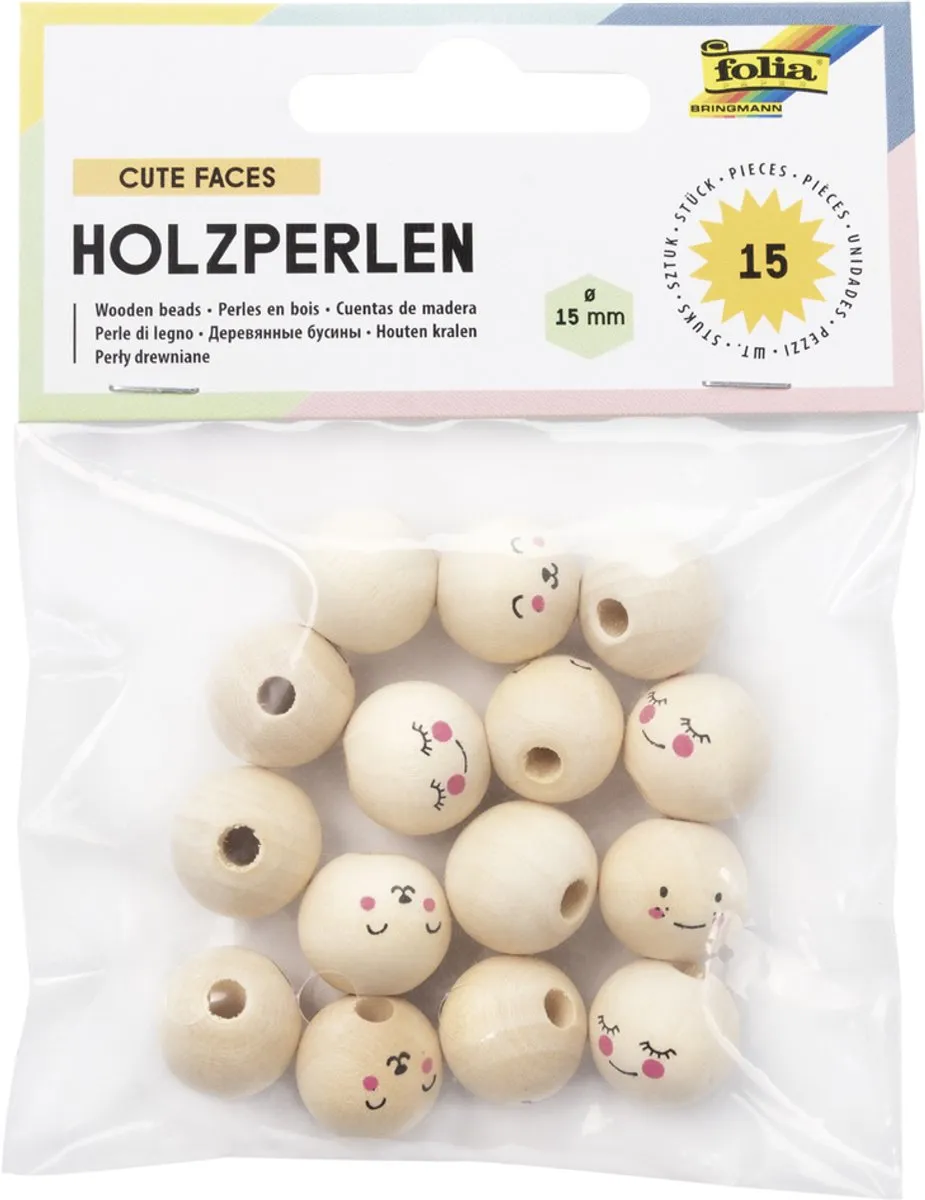 Folia Houten Kralen Schattige Gezichten - 15 Stuks