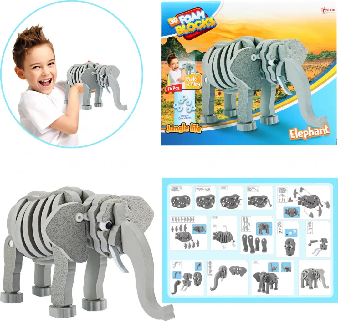 Toi-Toys 3D Puzzel Olifant - 75 Stuks - Grijs