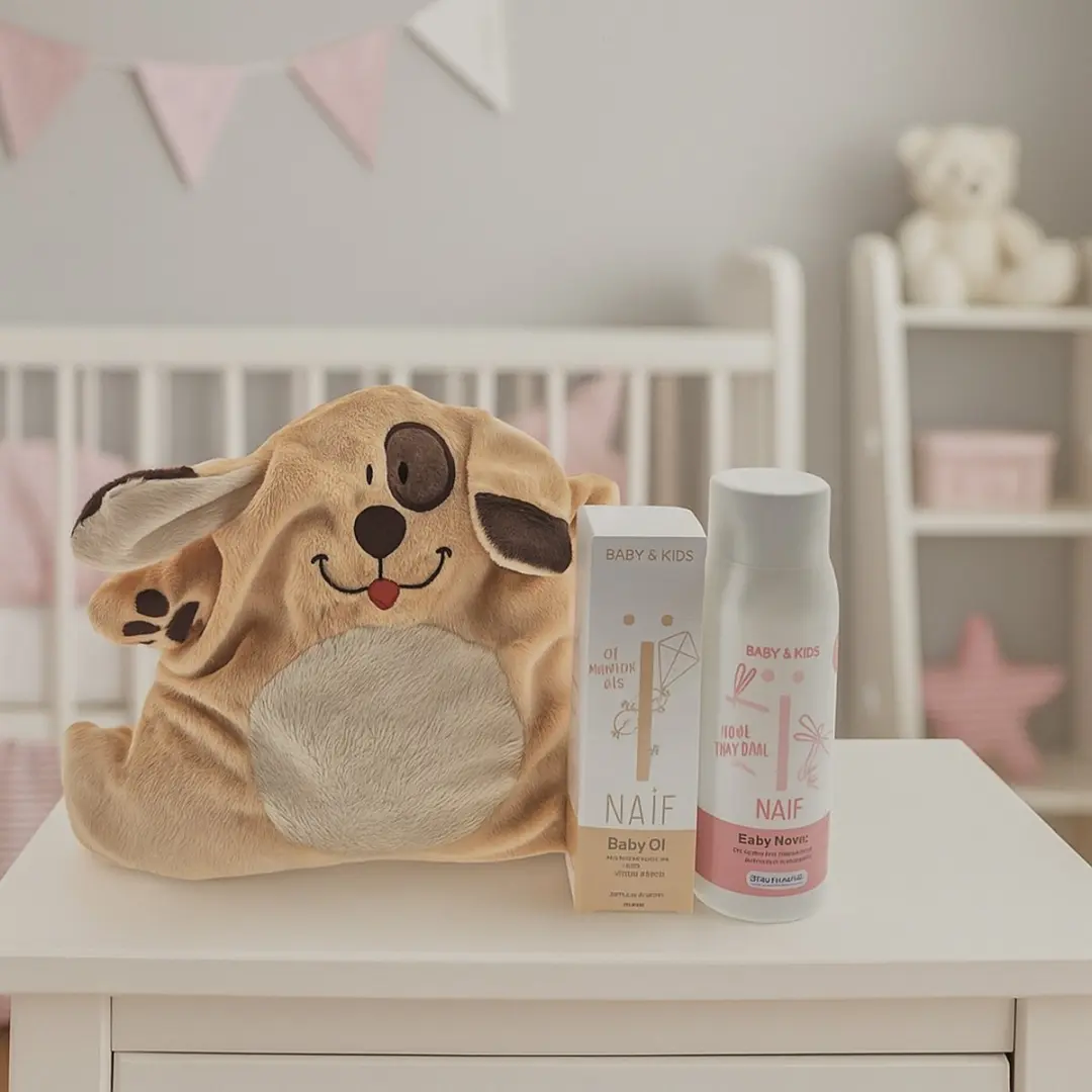 Naïf Baby Kraamcadeau - Warmteknuffel + Olie & Poeder - Beige/Bruin/Wit