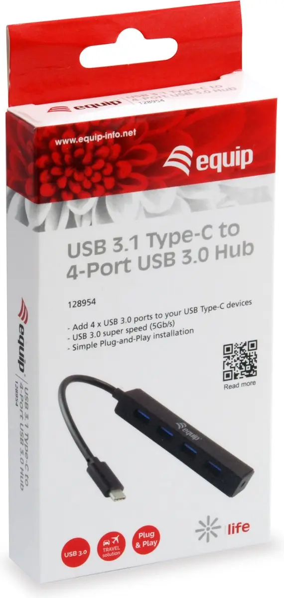 Equip 128954 USB-Hub 4 Poorten USB-A 3.1 Gen1 - Zwart