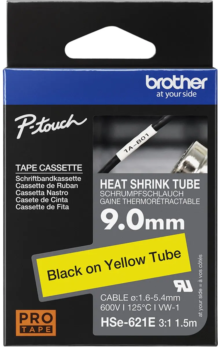 Brother HSE621E Labeltape Krimpkous - Geel/Zwart 9mm 1.5m