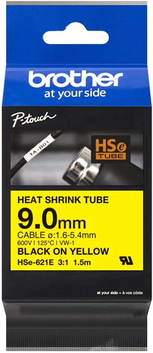Brother HSE621E Labeltape Krimpkous - Geel/Zwart 9mm 1.5m
